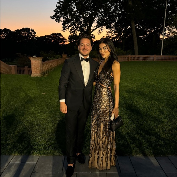 Gala-worthy beige maxi dress covered in black sequined ornament - worn once - Picture 2 of 7